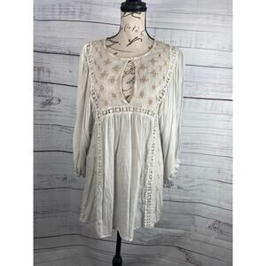 Free People Charlotte Swiss Dot Tunic Dress Womens S Floral Eyelet 3/4 Sleeves